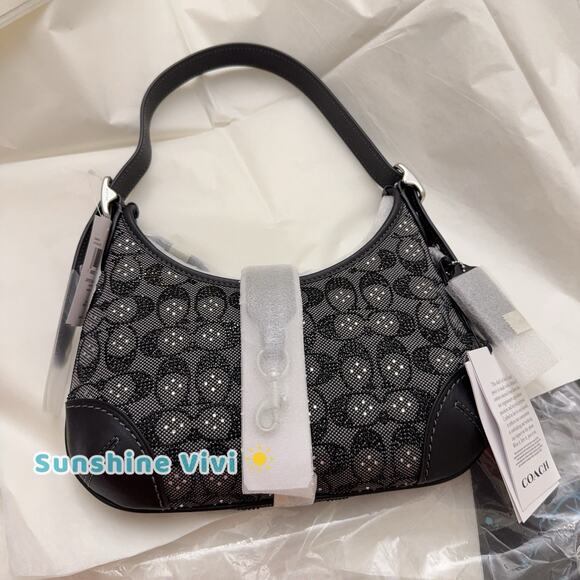 NWT Coach Hamptons Hobo Bag In Crystal Signature Jacquard CW654 Black Silver - Picture 9 of 10